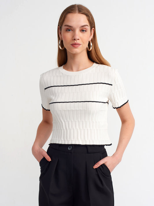 Crew Neck Striped Knitwear Sweater-Ecru-Black