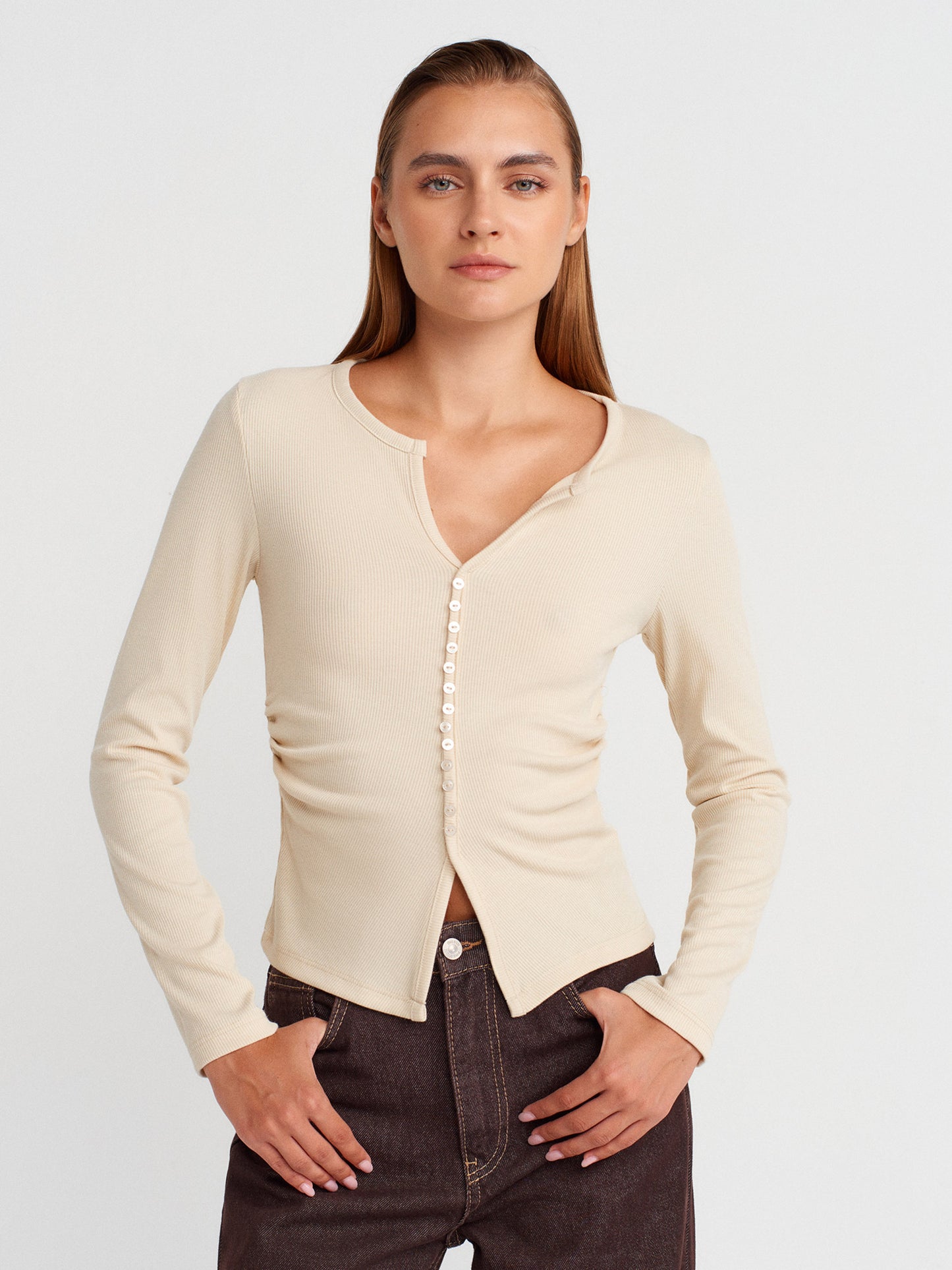 Sia Button Detailed Gathered Top